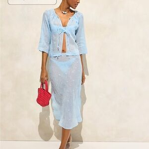 Tie-front eyelet top and slip skirt in ramie - two pieces